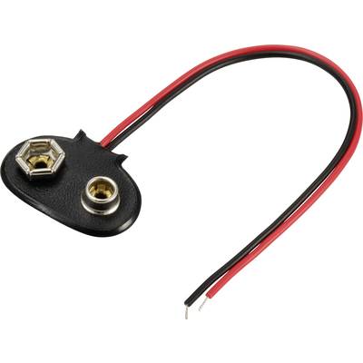 Negenvolts-batterijclip met rode en zwarte draden, steekverbinder voor bevestiging aan een batterij.