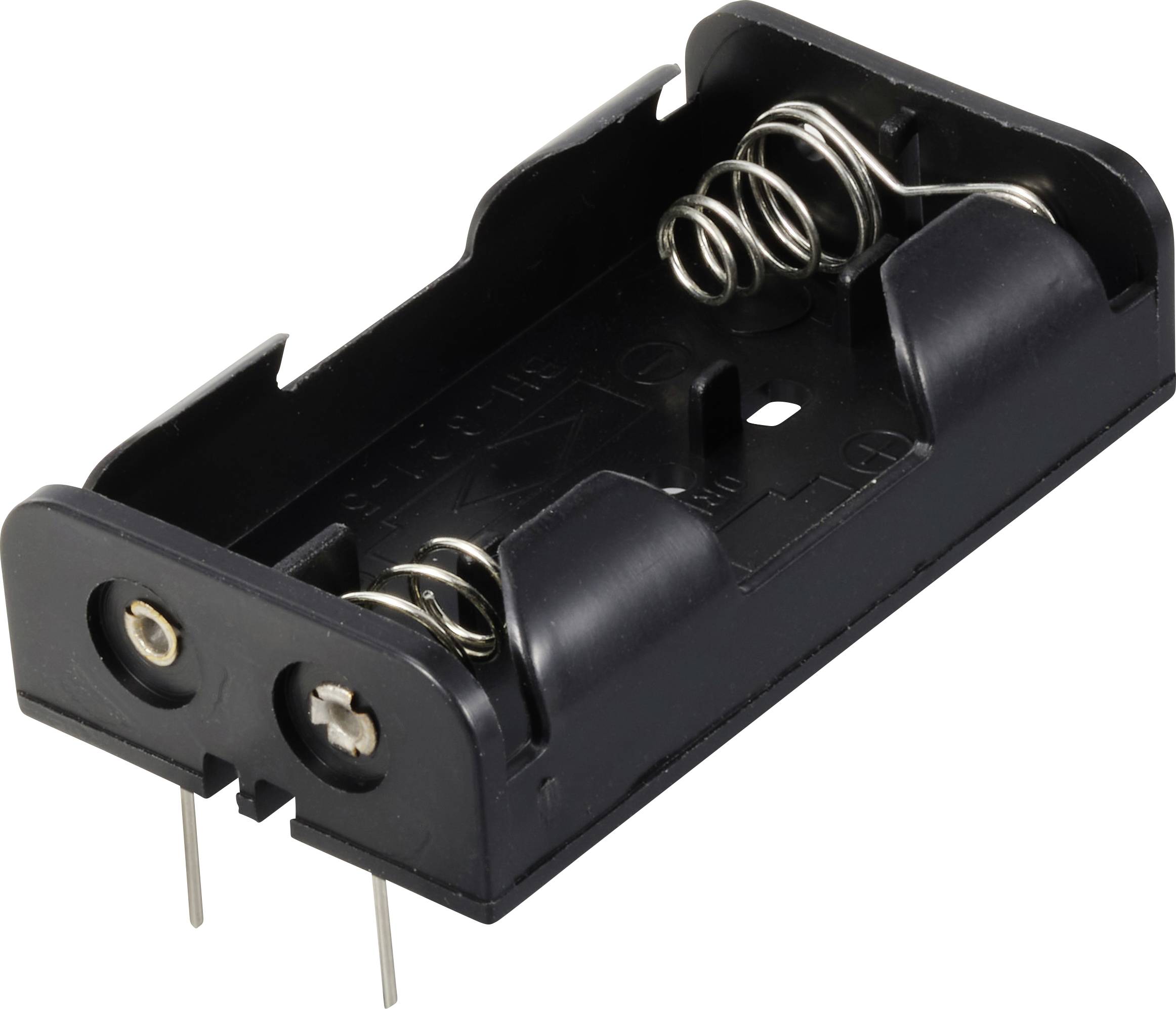 Zwarte kunststof batterijhouder voor twee AA-batterijen met metalen veren en aansluitpennen.