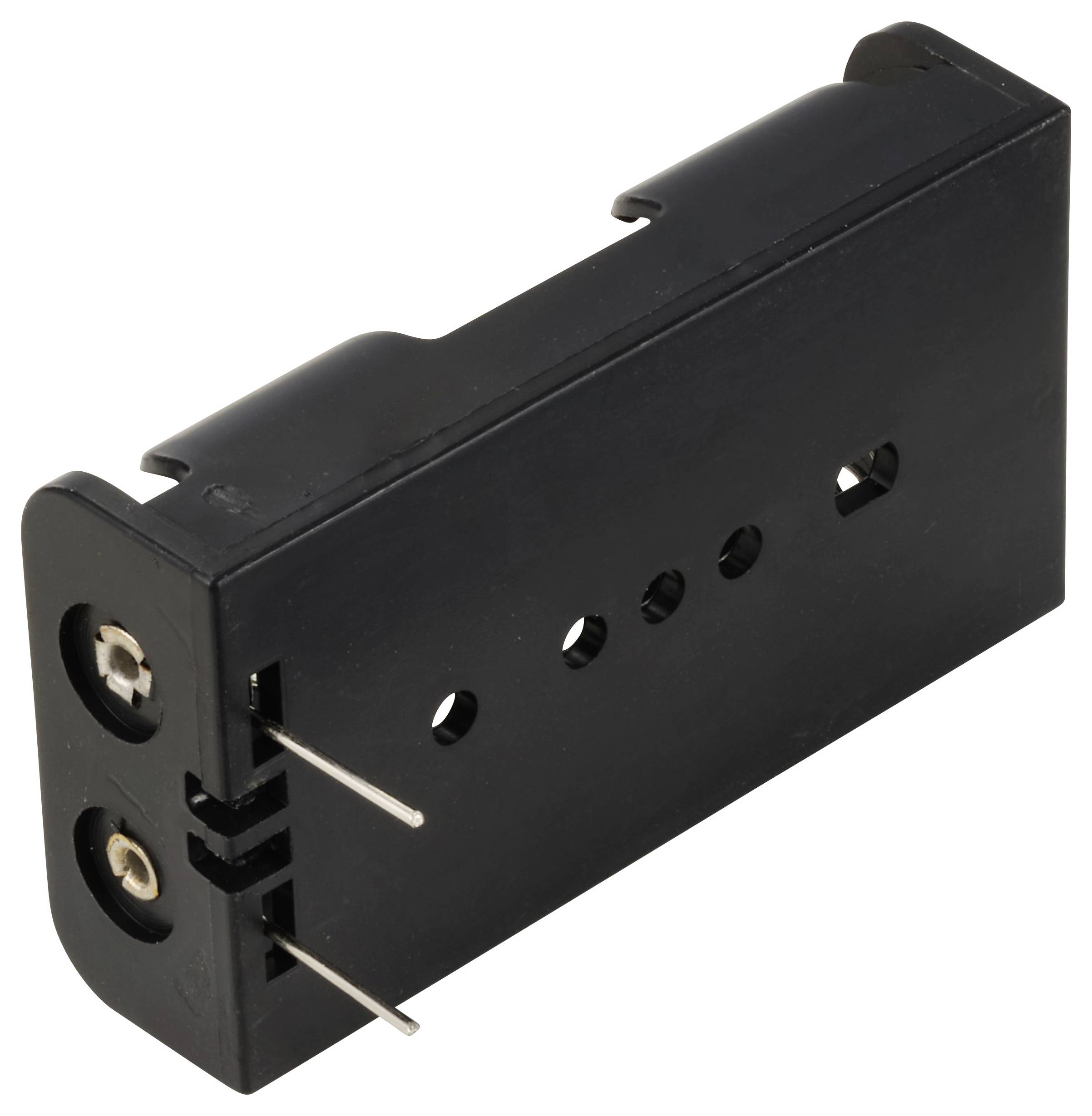 Een zwarte AA-batterijhouder met twee metalen contacten en schroefgaten, geschikt voor inbouw in elektronische apparaten.
