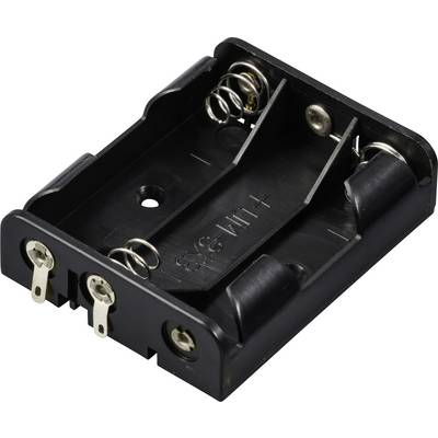 Zwarte batterijhouder voor twee AA-batterijen met metalen veren en aansluitingen, bedoeld voor de stroomvoorziening van apparaten.