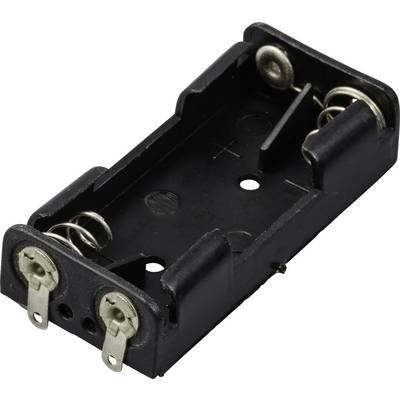 Zwarte batterijhouder voor twee AA-batterijen, voorzien van metalen veren en contactpunten voor elektrische aansluiting.