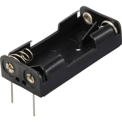 Een zwarte batterijhouder voor twee AA-batterijen met metalen schroeven aan de uiteinden en bevestigingspinnen onderaan.
