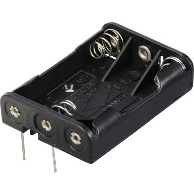 Batterihouder voor twee AA-batterijen met veren en metalen contacten, zwarte kunststof basis, geschikt voor elektronische projecten.