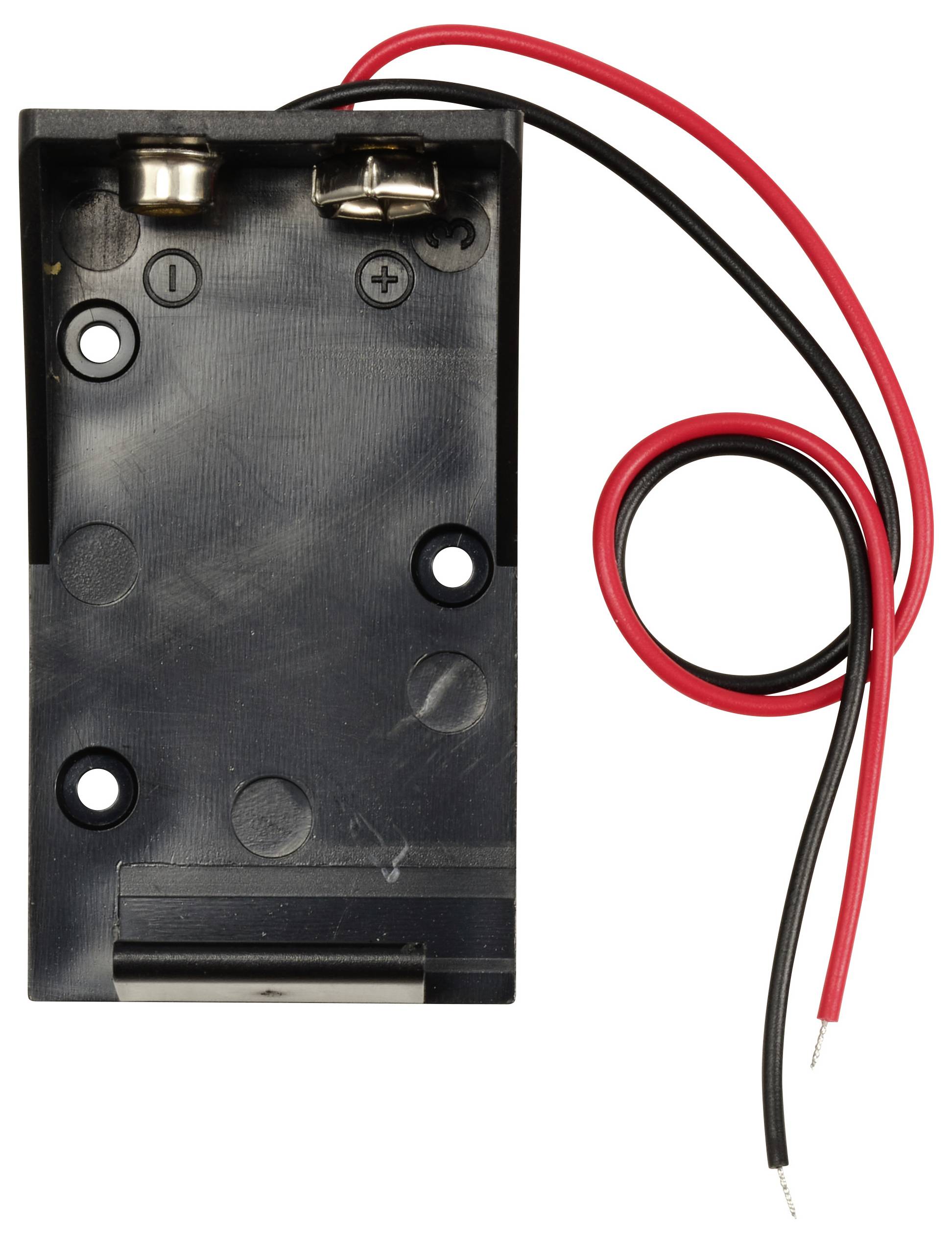 'Zwarte batterijhouder voor twee 9V-blokken met rode en zwarte aansluitdraden, geschikt voor elektronische projecten.'