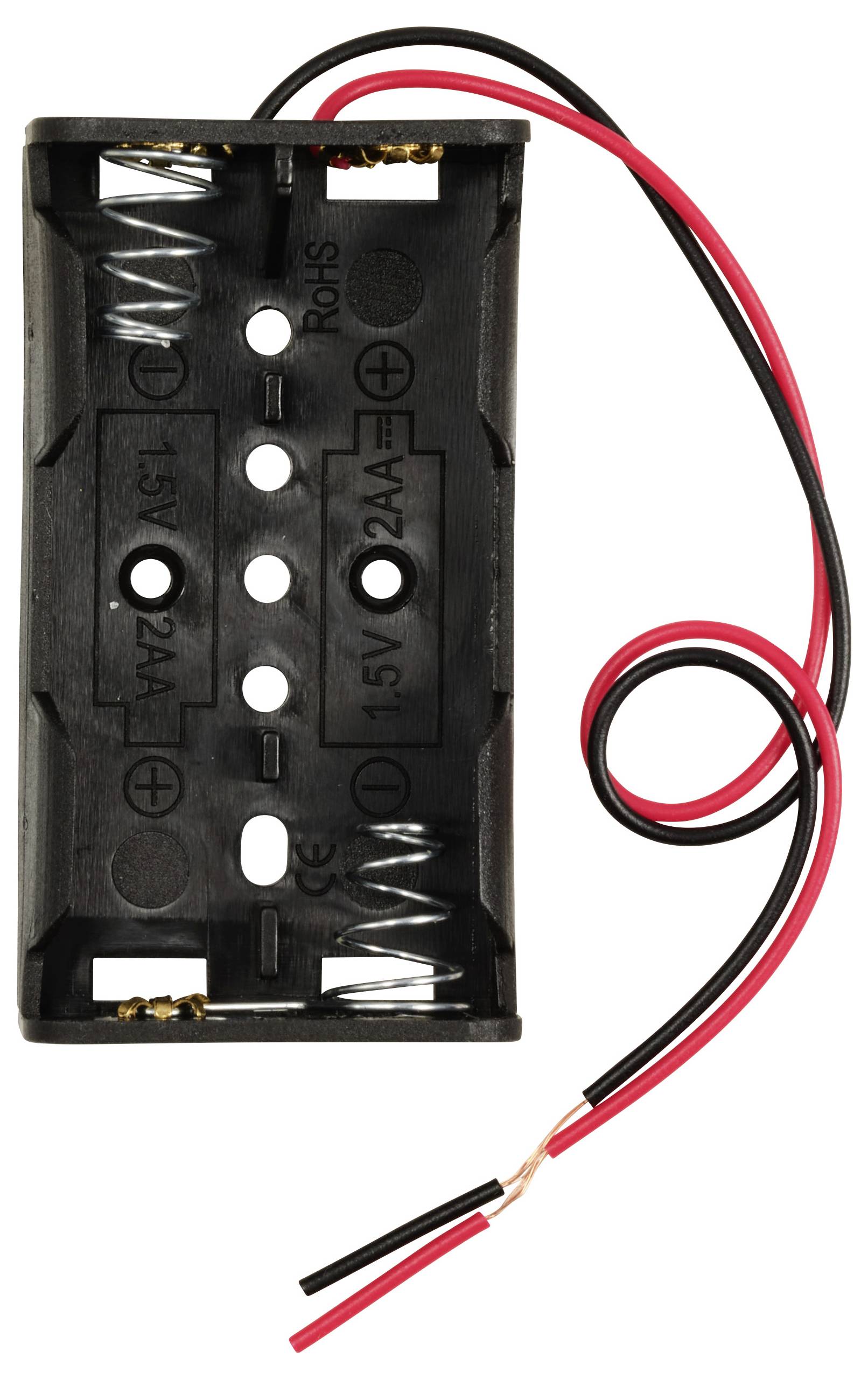 Batterijhouder voor twee AA-batterijen met rode en zwarte aansluitdraden.