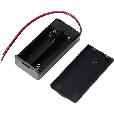 Zwart kunststof batterijhouderbehuizing voor twee AA-batterijen met een afneembaar deksel; toont rode en zwarte aansluitdraden.