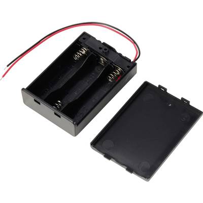 'Open zwart batterijhouder voor twee AA-batterijen met aansluitkabels, afneembaar deksel en metalen veren.'