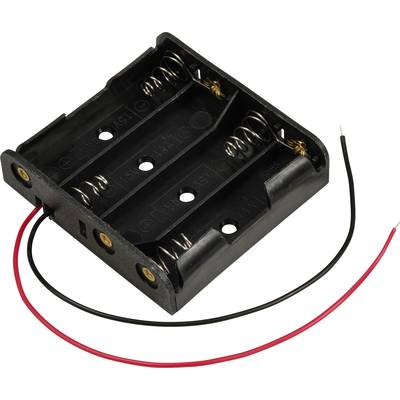 Zwarte batterijhouder voor vier AA-batterijen met rode en zwarte draden voor aansluiting.