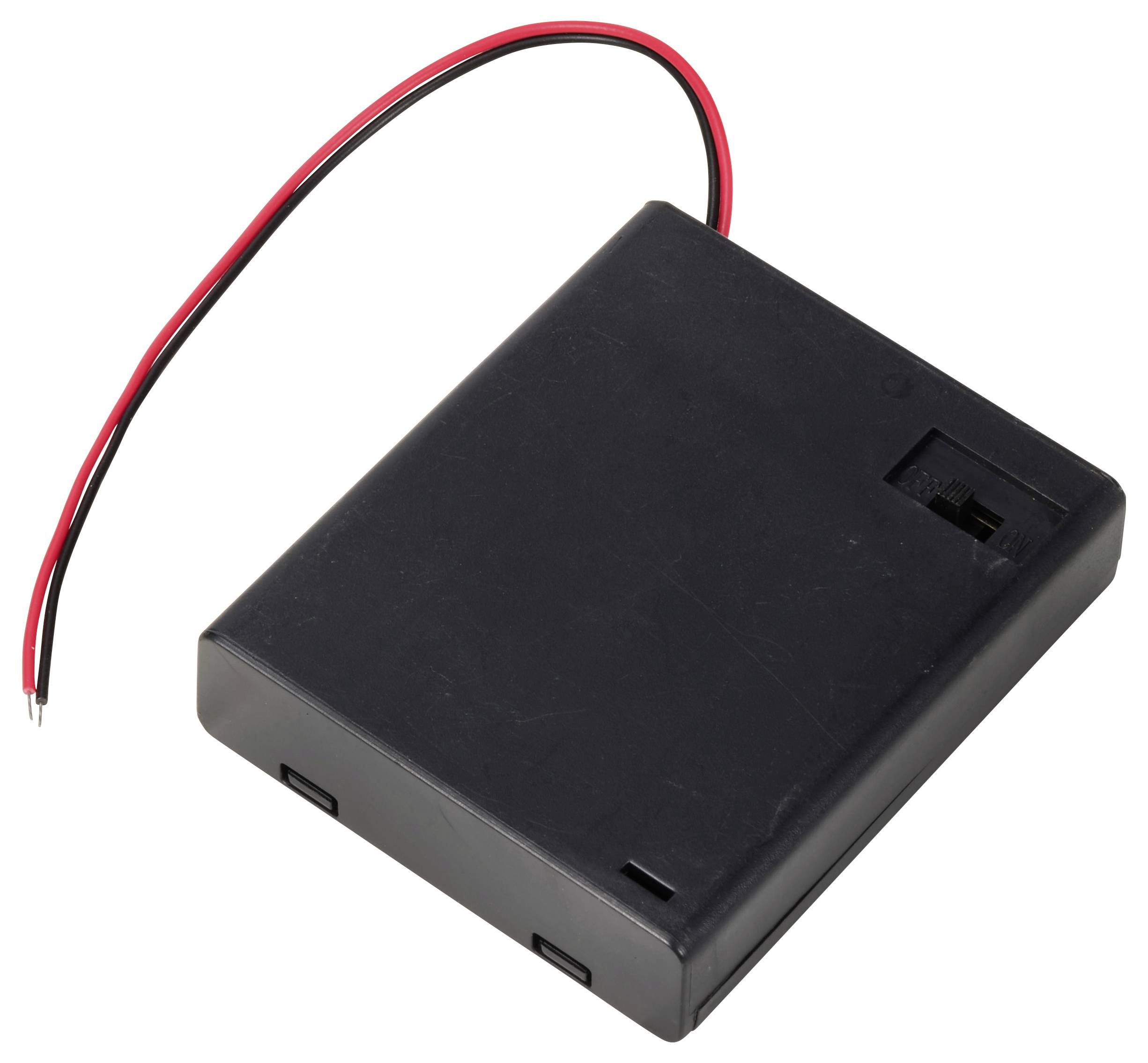 Een rechthoekige zwarte batterijbehuizing met rood-zwart kabel.