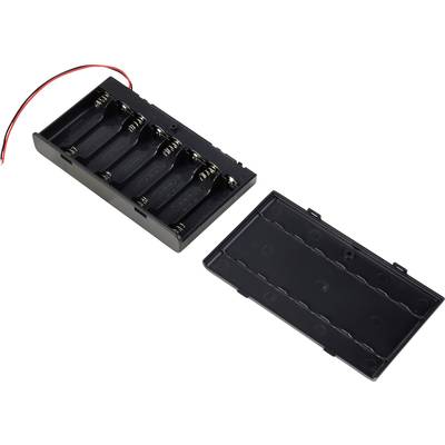 Een leeg, open batterijhouder voor vier AA-batterijen, liggend op een wit oppervlak, met een rood en zwart kabel.