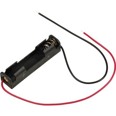 Batterijhouder van zwart kunststof met twee kabels, één rode en één zwarte, voor aansluiting op een stroomvoorziening.
