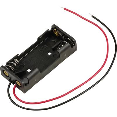 Zwarte batterijhouder voor twee AA-batterijen met rode en zwarte aansluitkabels.