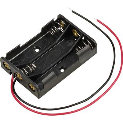Zwarte batterijhouder voor twee AA-batterijen met rode en zwarte kabels voor aansluiting op een elektrisch apparaat.