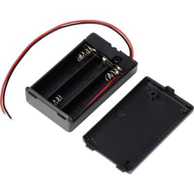 Zwart batterijvak met open compartimenten en rode en zwarte draden, ontworpen voor het plaatsen van AA-batterijen.