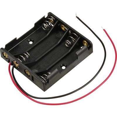 Batterijhouder voor vier AA-batterijen met rode en zwarte kabels voor de stroomvoorziening van elektronische apparaten.