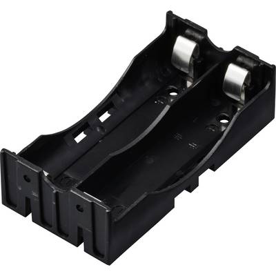 Zwarte kunststof batterijhouder met ruimte voor twee batterijen, metalen contacten aan beide uiteinden.