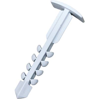 Een witte kunststof plug met een platte, brede bovenkant en zes gekromde vleugels langs de steel.