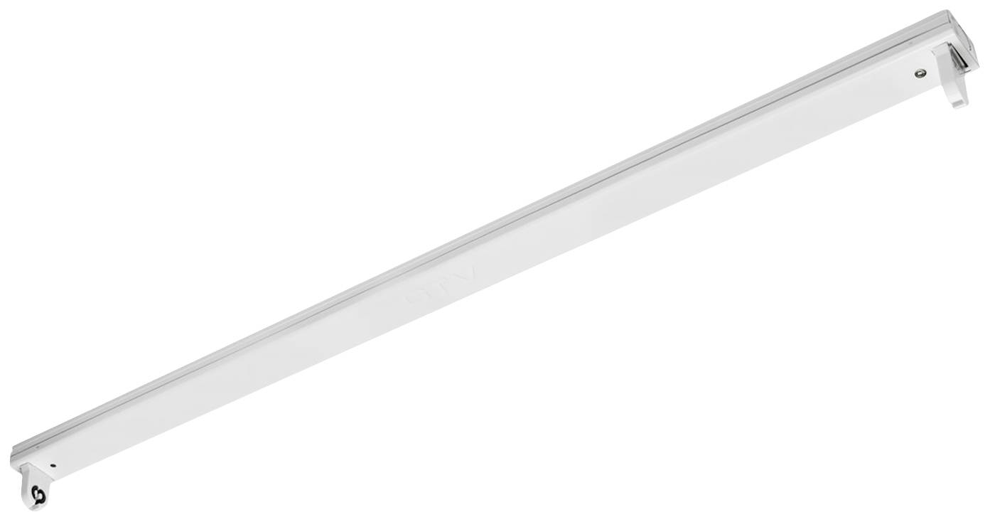 Een lange, witte LED-lichtbalk met een smal, modern design voor plafondmontage, geschikt voor gebruik in kantoren of keukens.