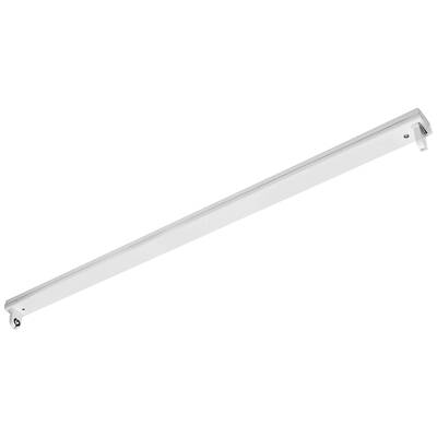 Een lange, witte LED-lichtbalk met een smal, modern design voor plafondmontage, geschikt voor gebruik in kantoren of keukens.