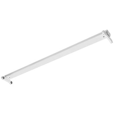 Een witte, lange metalen drager met bevestigingselementen aan beide uiteinden, mogelijk bedoeld voor het ondersteunen van schappen of constructies.