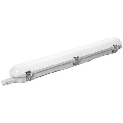 Een langwerpige LED-armatuur met behuizing en metalen beugels, geschikt voor vochtige ruimtes.