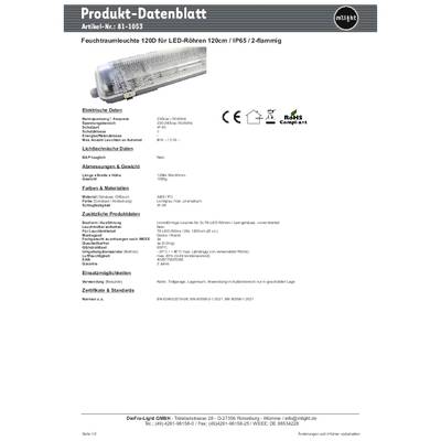 Productblad voor vochtbestendige armatuur 120D, 120cm LED-buizen, IP65, 2-armig. Technische gegevens, afmetingen, montagehandleiding.