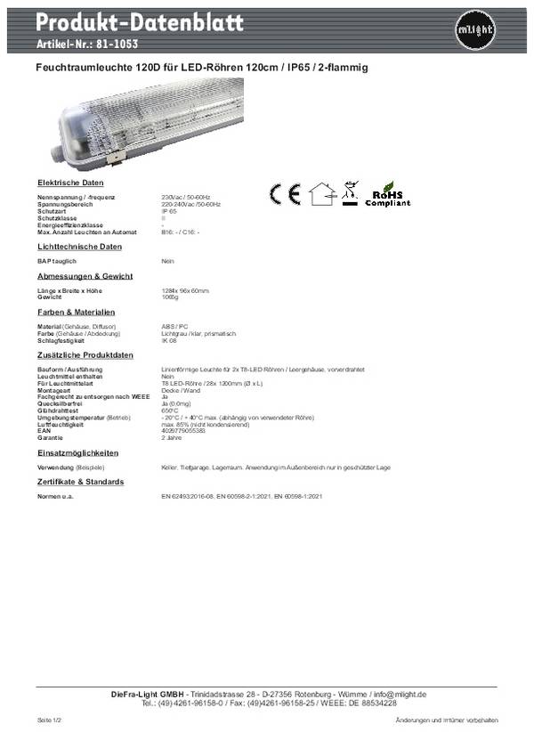 mlight  Lamp voor vochtige ruimte  LED-buis G13   Lichtgrijs