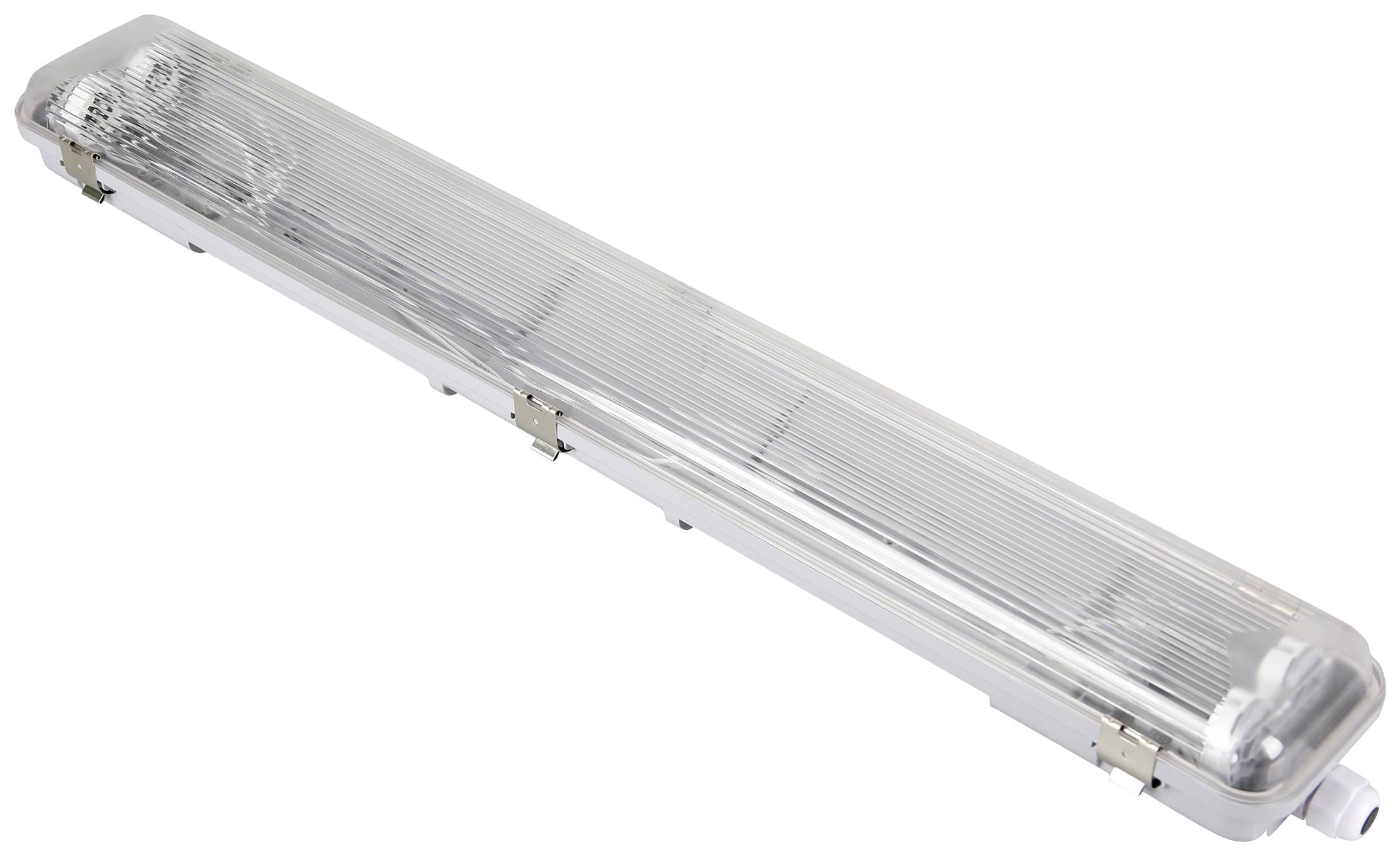 Langwerpige LED-lamp met transparente kunststof behuizing en metalen bevestigingen, geschikt voor industriële toepassingen of magazijnen.