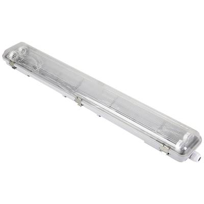Langwerpige LED-lamp met transparente kunststof behuizing en metalen bevestigingen, geschikt voor industriële toepassingen of magazijnen.