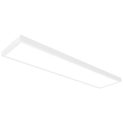 Rechthoekig, plat LED-plafondpaneel in het wit, straalt diffuus licht uit. Geschikt voor kantoor- of woonomgevingsverlichting.