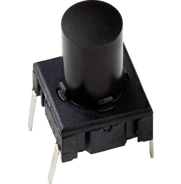 Zwarte drukknop met vier aansluitpoten voor elektronische schakelingen.