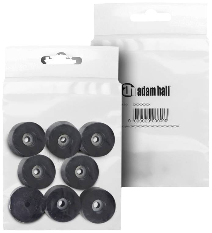 Verpakking met acht zwarte rubberen onderleggers voor luidsprekers, merk 'adam hall', voorzien van barcodes en productcode.
