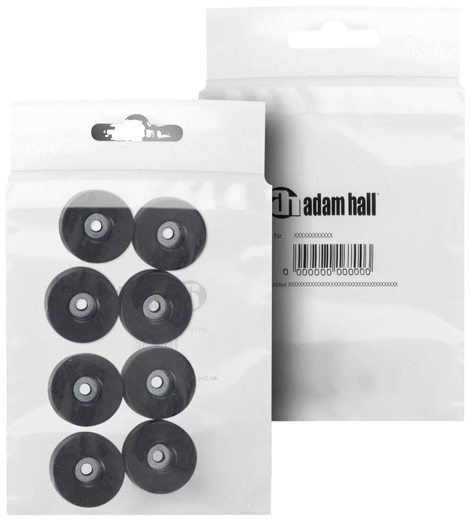 Twee transparante verpakkingen met het 'Adam Hall' logo, bevatten zes zwarte rubberen zuignappen.