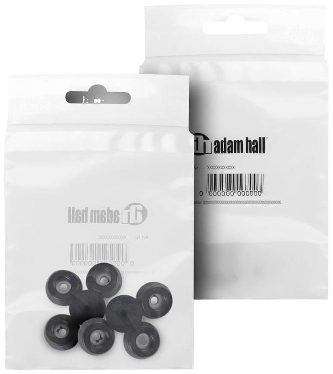 Twee verpakkingen met vijf zwarte rubberen onderdelen in elke verpakking, rechtop staand. Op de verpakking is de merknaam 'adam hall' zichtbaar.