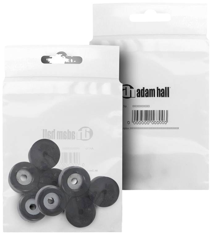 Kunststof sluitringen in een transparante verpakking, twee zakjes naast elkaar staand, met het logo 'adam hall'.