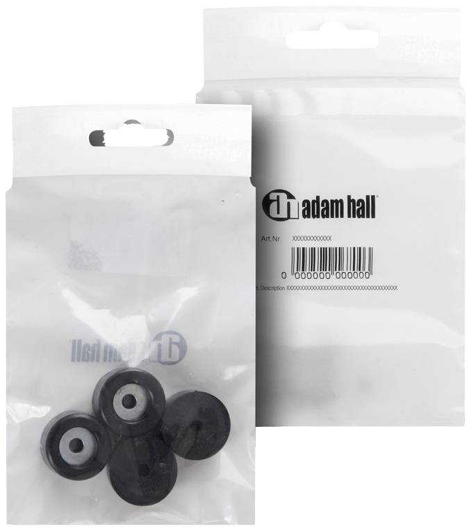 Twee plastic verpakkingen met het Adam Hall-logo. Eén bevat drie zwarte ronde onderdelen met een middengat, de andere is leeg.