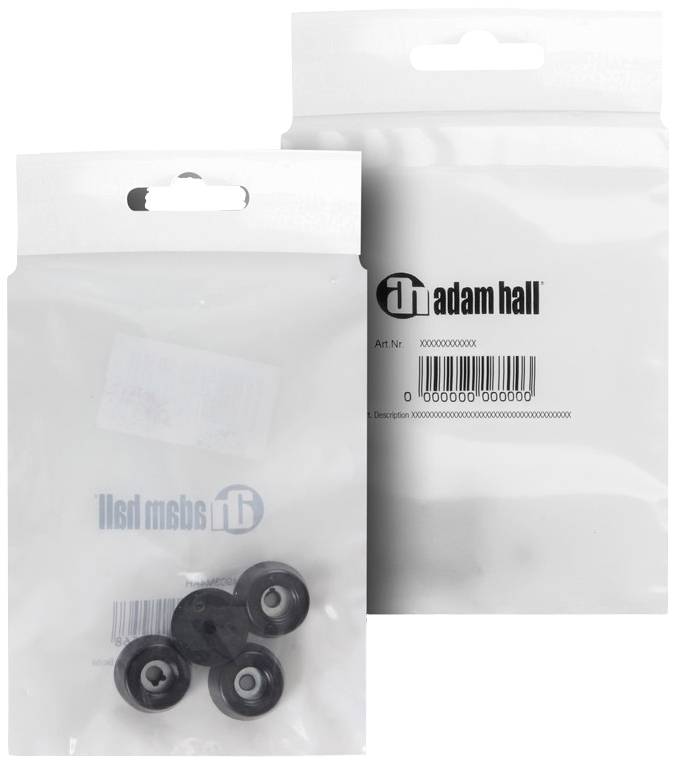 Twee transparante verpakkingen met het logo 'Adam Hall', waarvan er één vier zwarte rubberen schijven met metalen kern bevat en de andere leeg is.