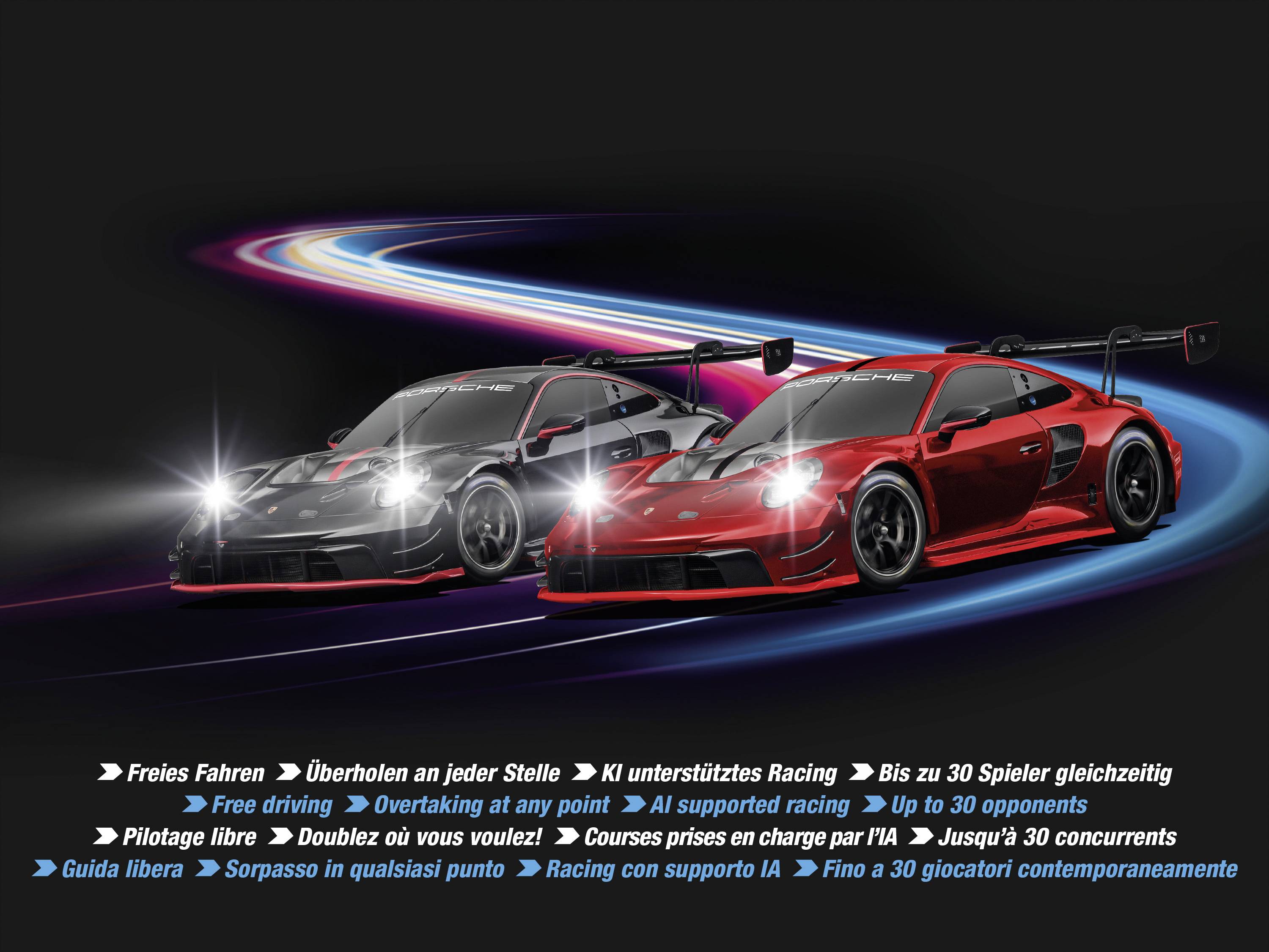 'Twee racewagens op een racecircuit met kleurrijke lichteffecten. Tekst onderaan beschrijft racekenmerken zoals AI-ondersteuning en tot 30 spelers.'