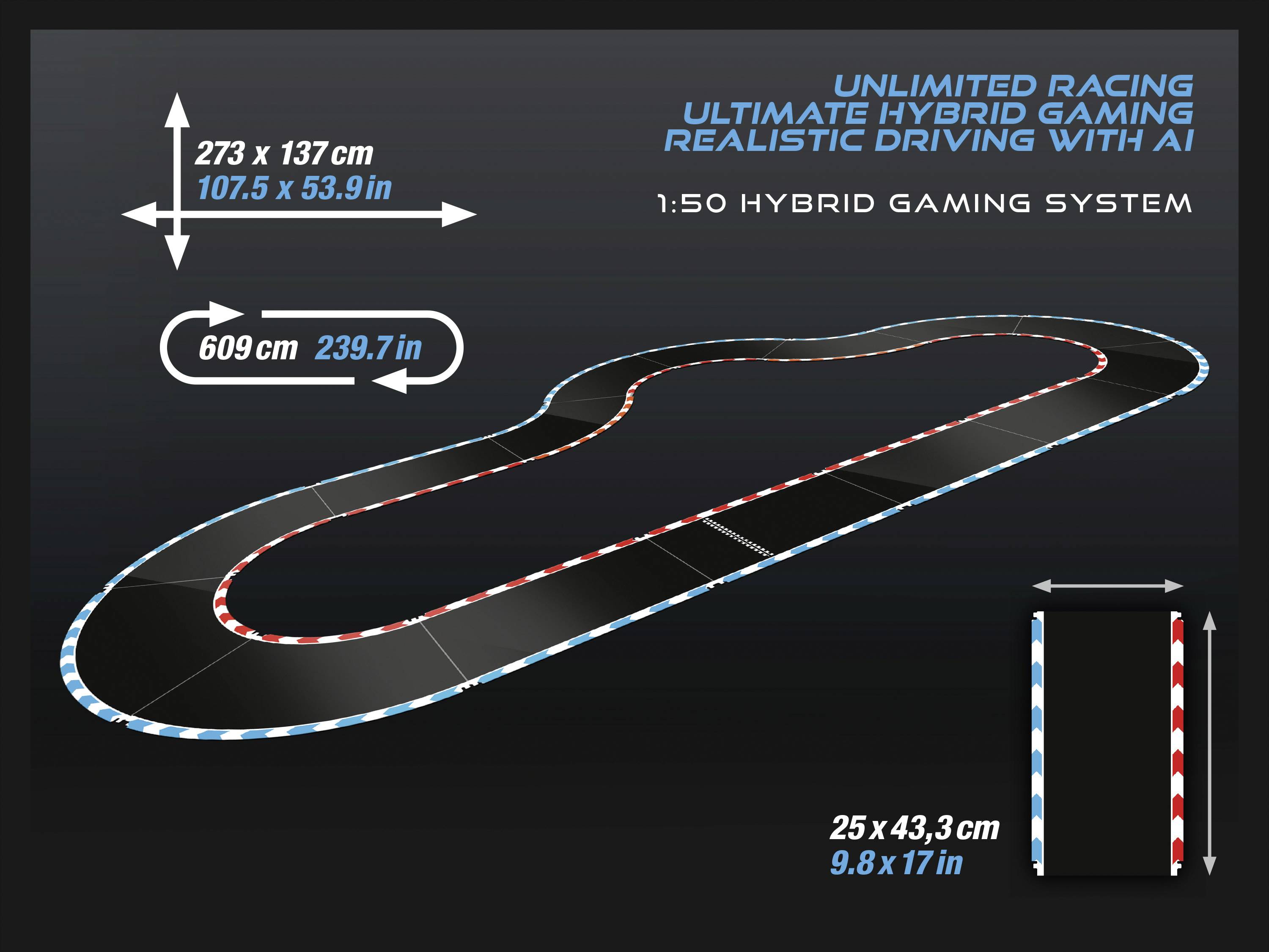 'Illustratie van een racecircuit cirkel met afmetingen van 273 x 137 cm en 609 cm lengte. Inclusief aanduiding voor Hybrid-Gaming-Systeem.'