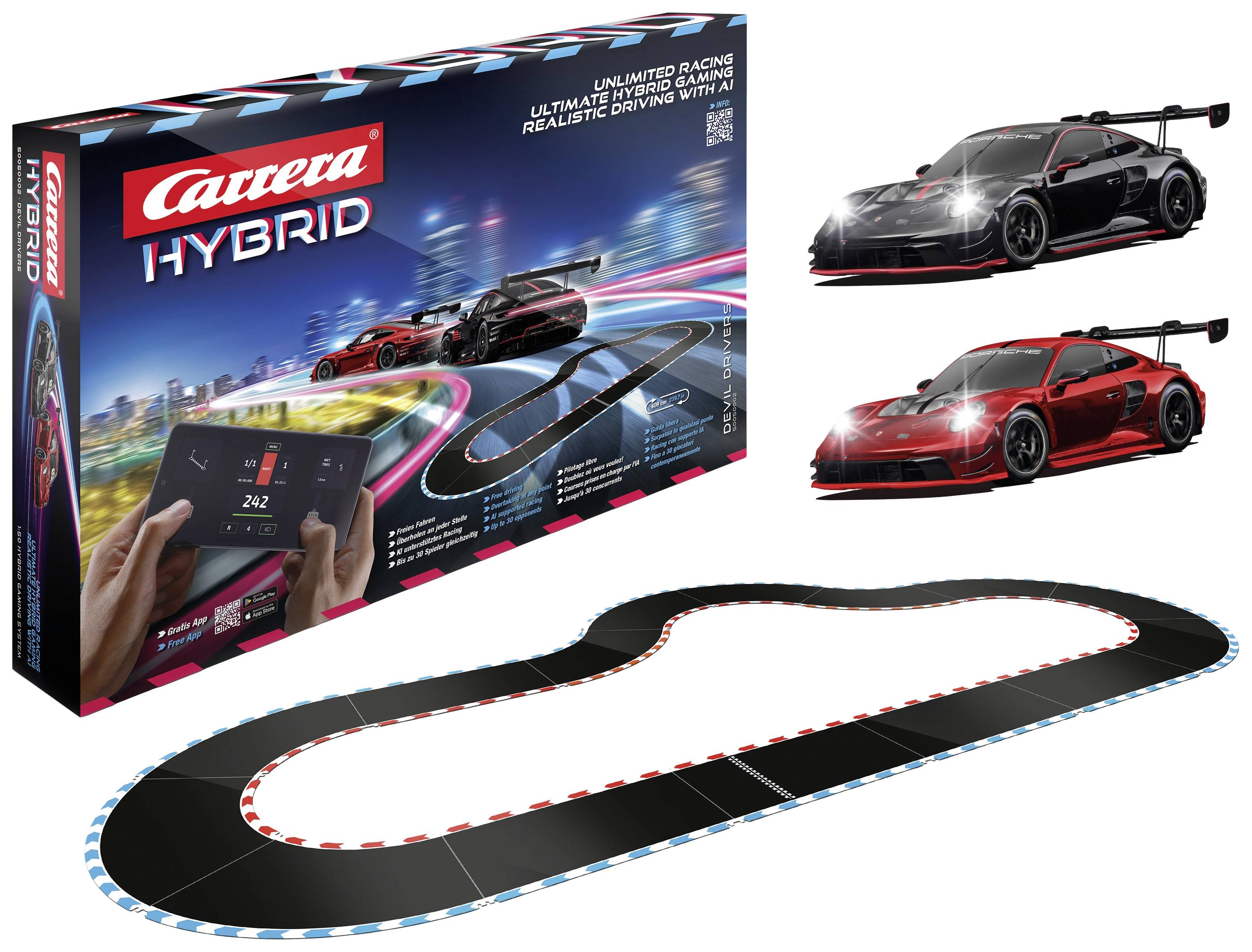 De afbeelding toont een Carrera Hybrid-racebaan-verpakking met een racecircuit en twee speelgoed-raceauto's.