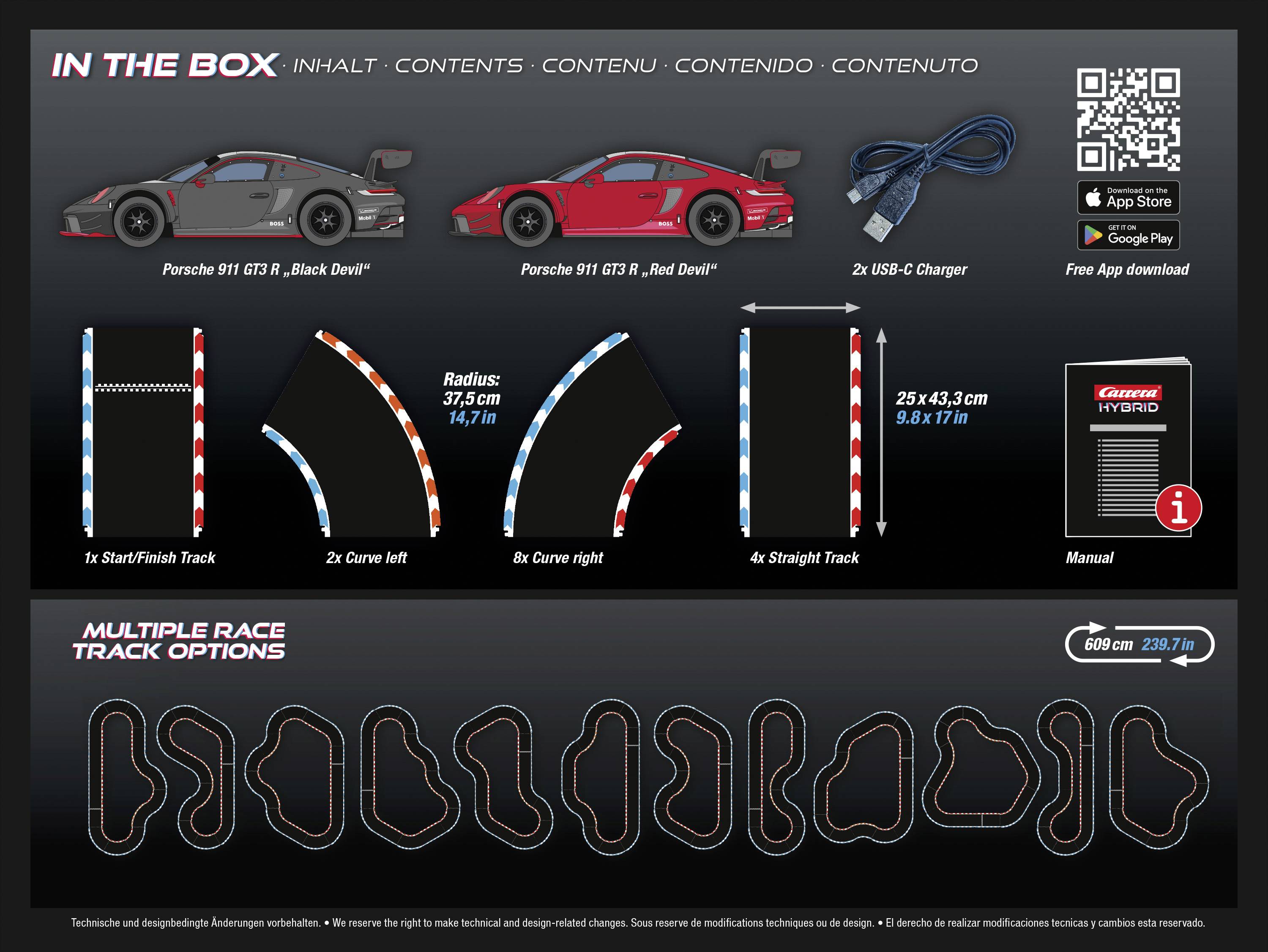'In de Doos': Modelauto's, Opladers, Steile Bochten, Start/Finish-Rail, Rechte Baan. Verschillende baanopties voor Carrera-racebaan.