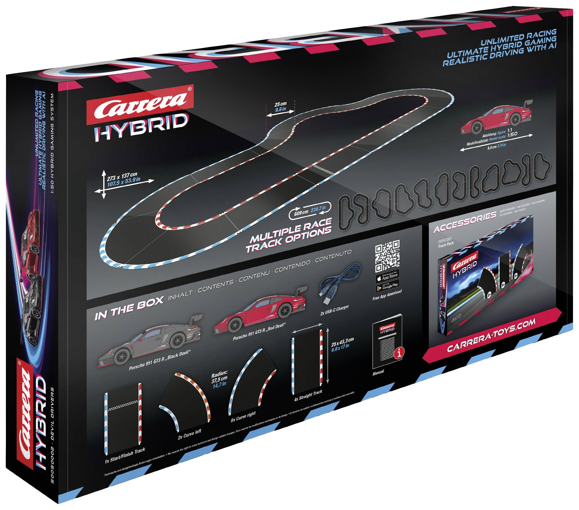 Carrera Hybride Racebaan-verpakking toont het baanontwerp, twee rode auto's en toebehoren. Verschillende racebaanopties worden benadrukt.