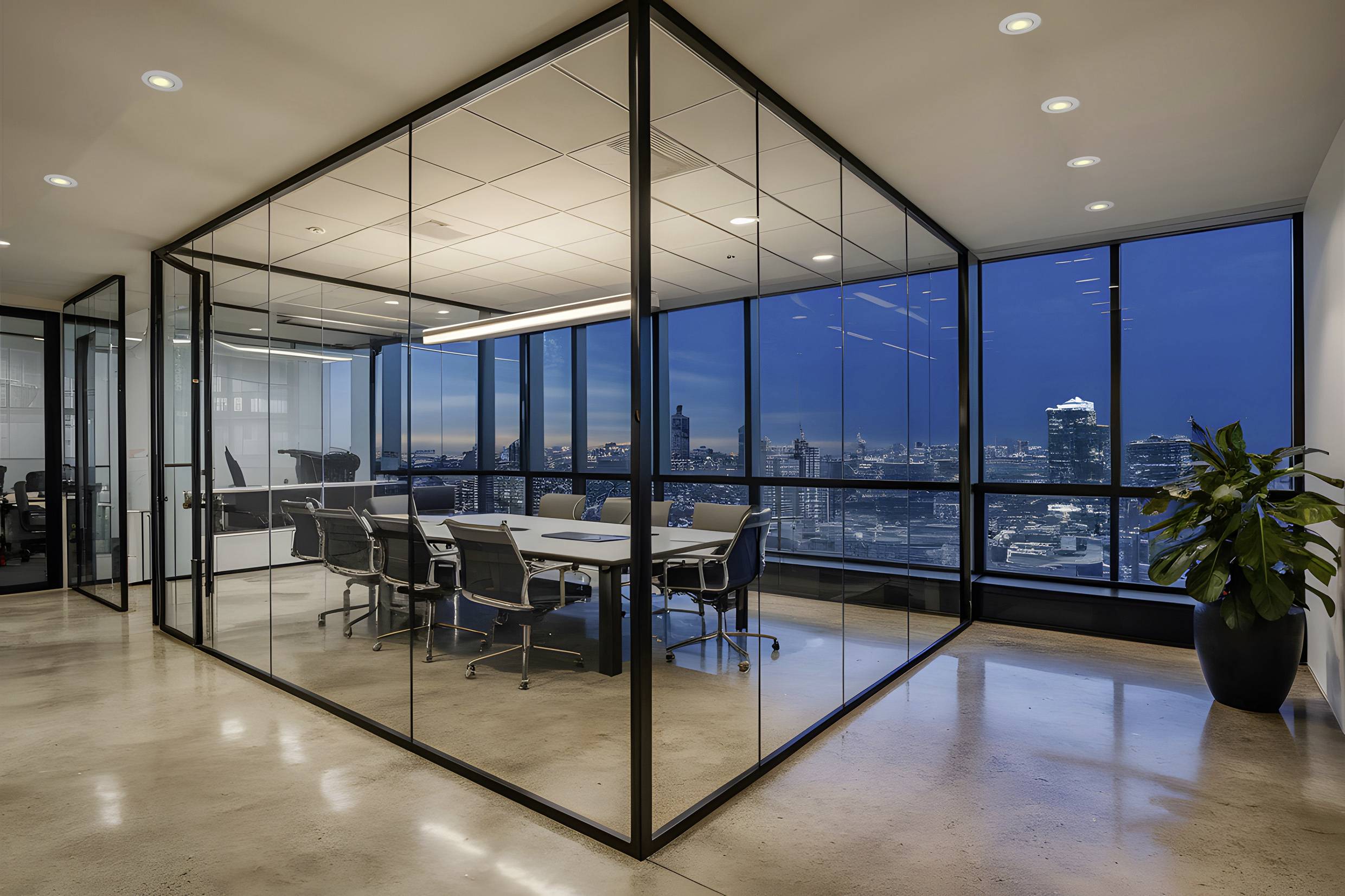 Vergaderruimte met glazen wanden, moderne tafel en stoelen. Grote ramen bieden zicht op de nachtelijke stadsaanblik.