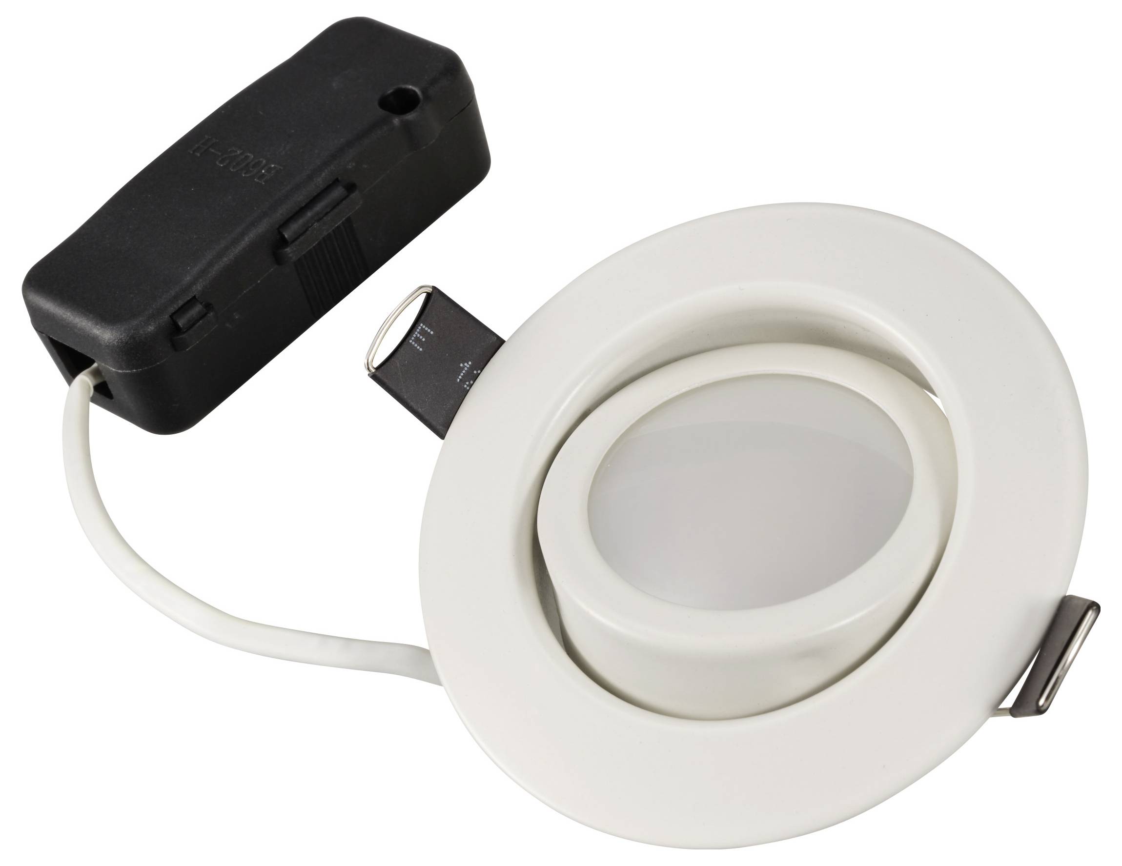 Inbouwspot met een rond, wit frame en een zwarte transformator. Geschikt voor plafondmontage in woonruimtes.