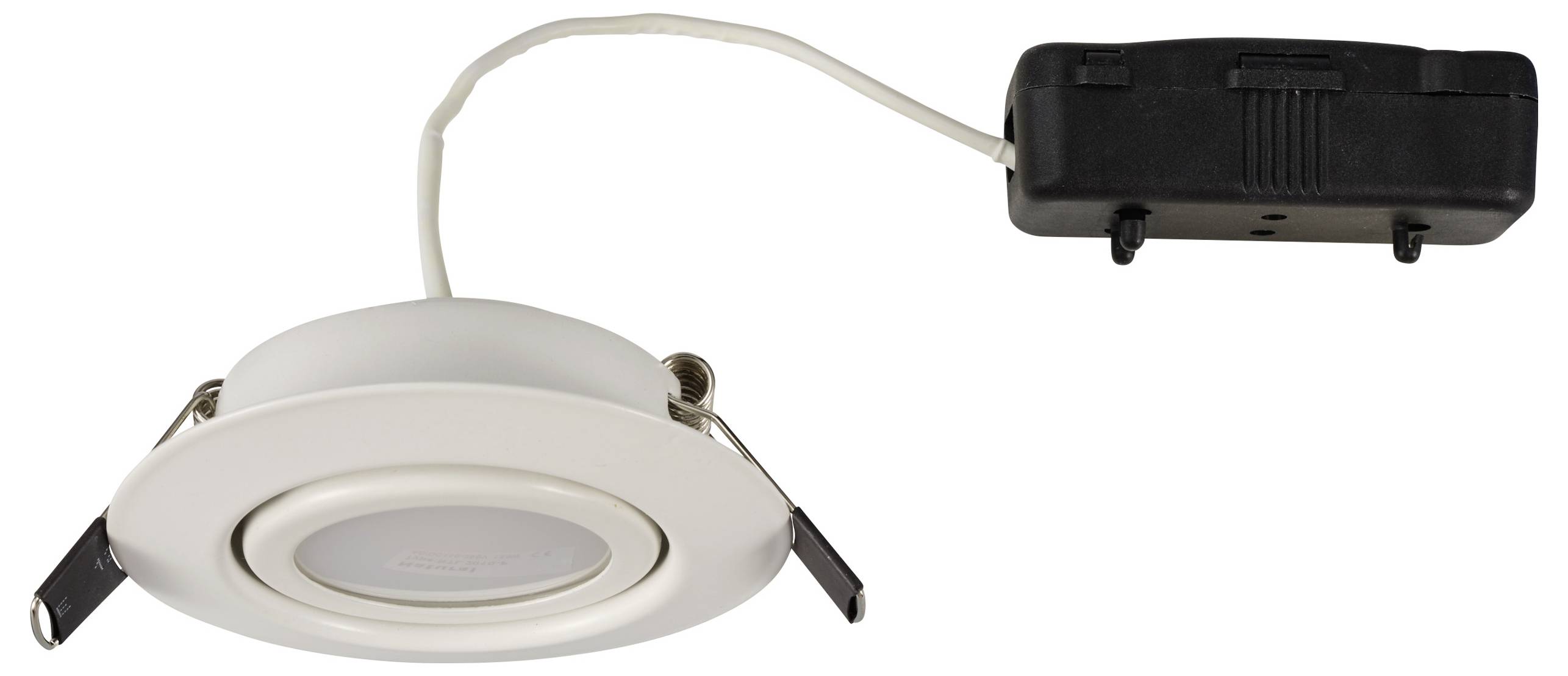 LED-plafondspot in een rond, wit frame, verbonden met een zwarte transformator, geschikt voor binnenverlichting.