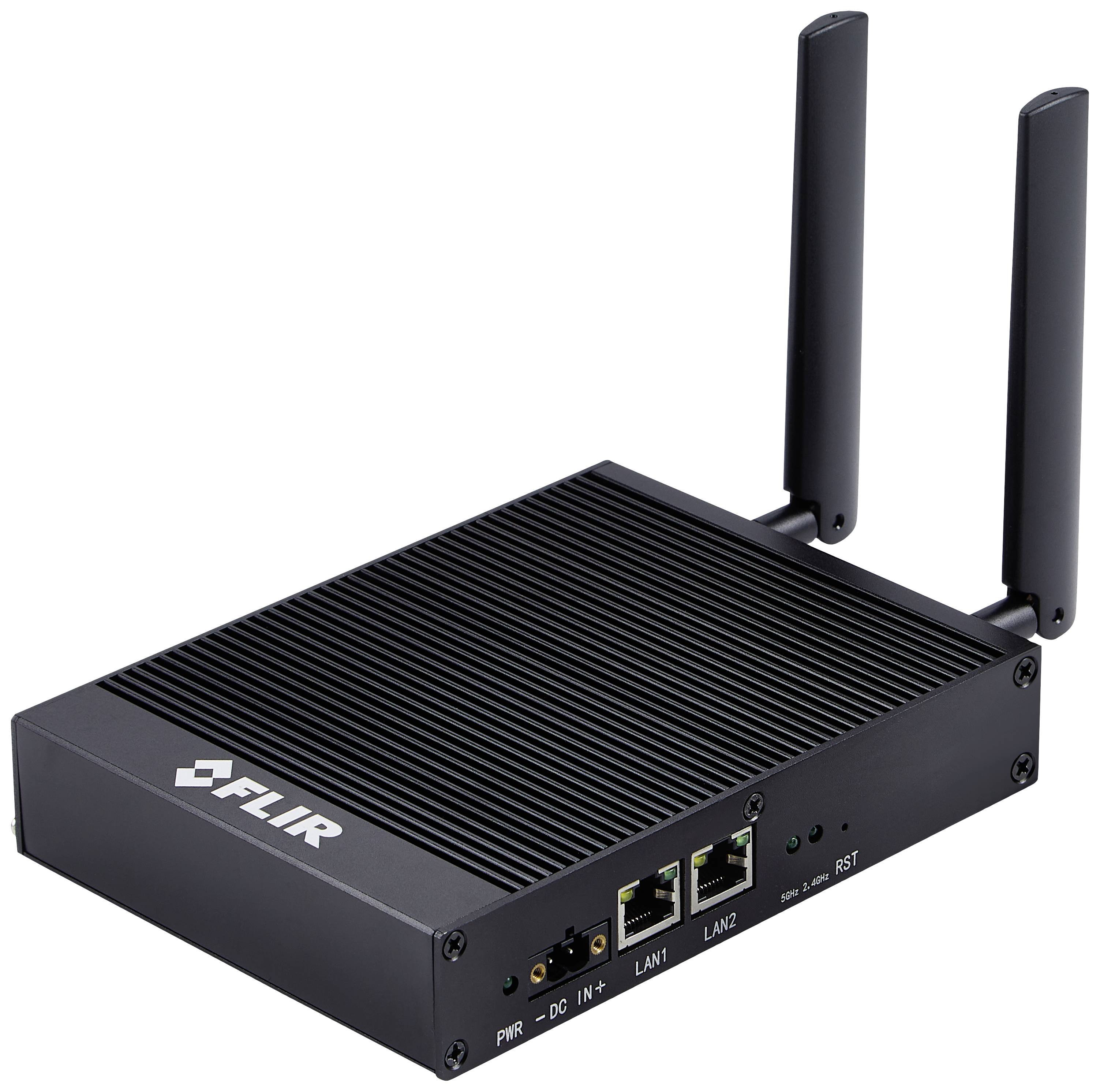Een zwarte router van FLIR met twee antennes, twee LAN-poorten en een reset-knop, geschikt voor netwerkaansluitingen.