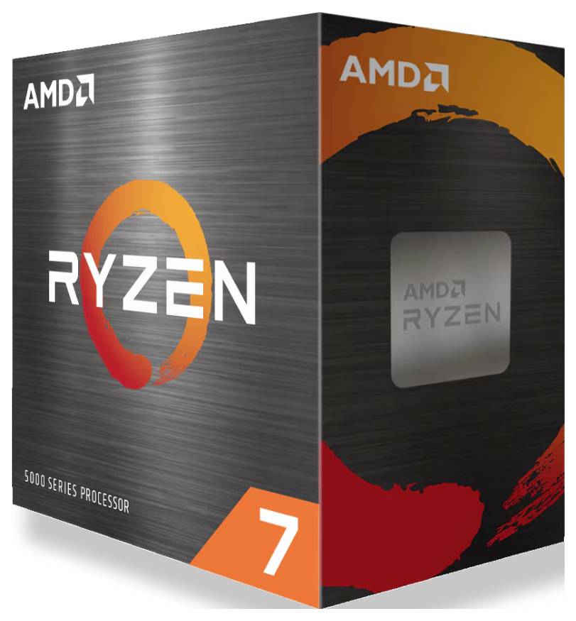 Productverpakking van een AMD Ryzen 7-processor uit de 5000-serie met het kenmerkende oranje-zwarte ontwerp en het AMD-logo.