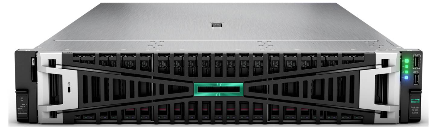 Een zilveren serverrek met een zwarte voorkant en groene LED-indicator, geschikt voor datacenters en IT-infrastructuren.