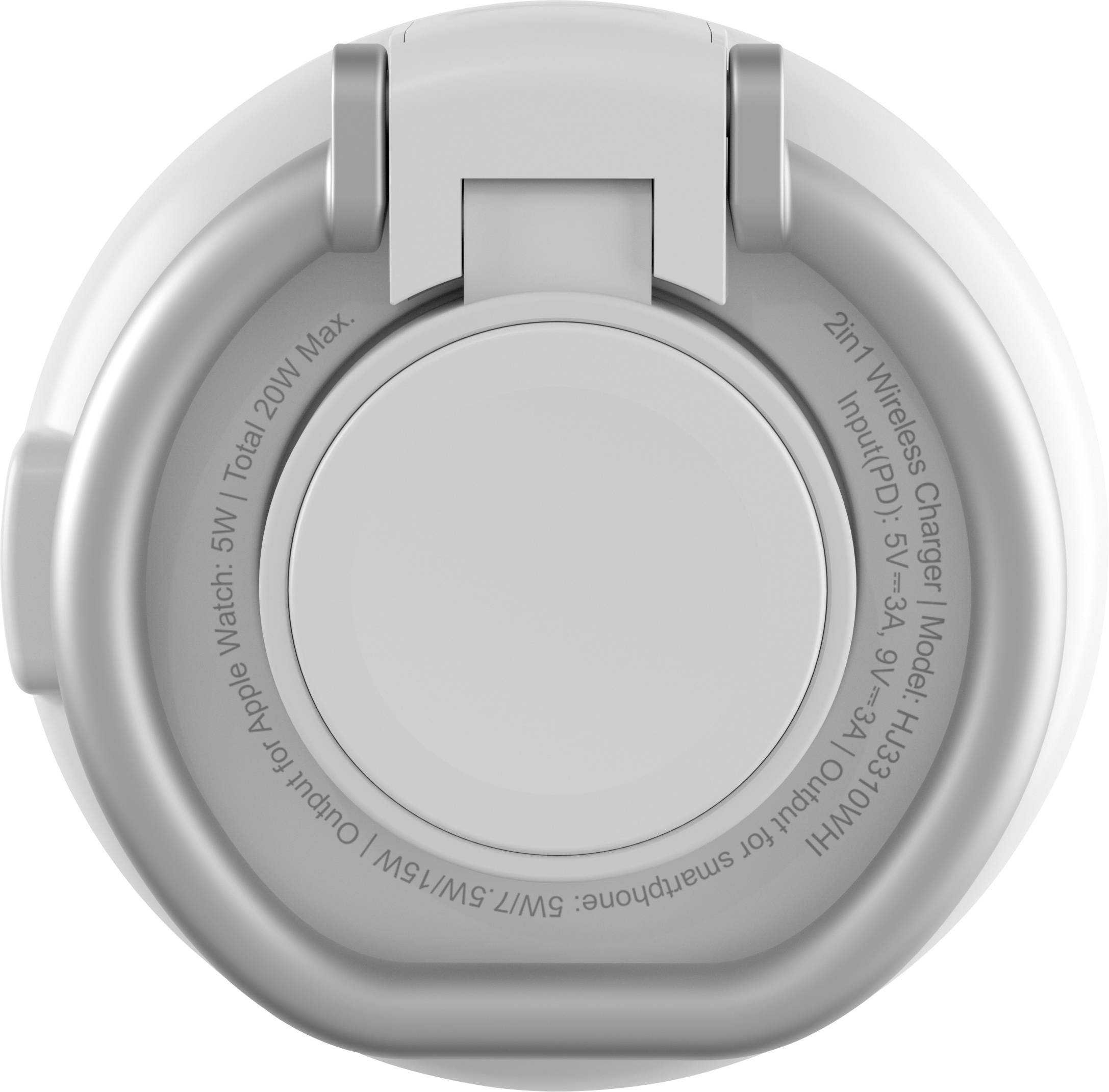 Bovenaanzicht van een rond, grijs, draadloos oplaadstation met de tekst '5W/1A Output for Apple Watch'. Het heeft een klepje als deksel.