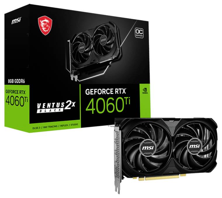 MSI GeForce RTX 4060 Ti grafische kaart met twee ventilatoren voor zijn verpakking, waarop de technische specificaties zijn weergegeven.
